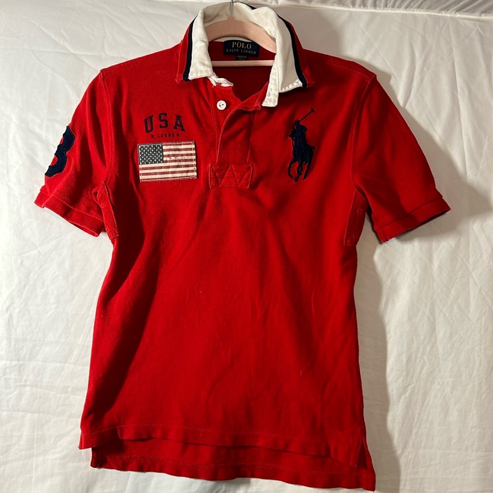 Boys Polo Ralph Lauren Red White Blue Short Sleeve Polo Shirt- Size Boys M 10-12 - Picture 1 of 5